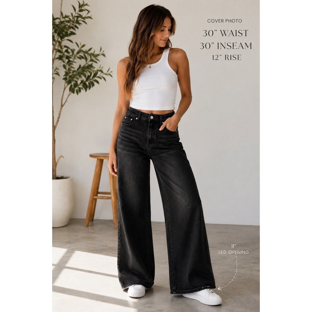 Edikted Black Wash Wide Leg Denim Jeans 100% Cotton High Rise 30x30 Medium